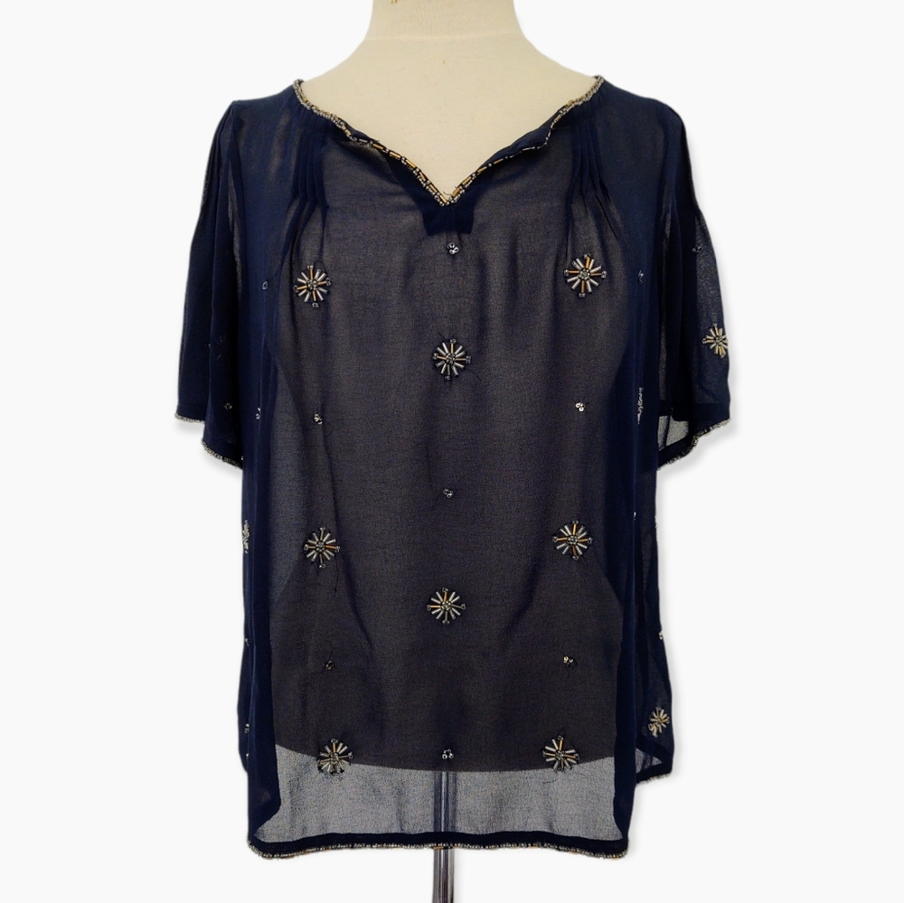 Philosophy Dark Blue Sheer Beaded Top XS